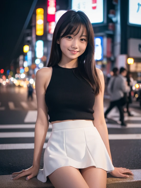 1 Girl, Tokyo Street,night, Streetscape,City lights,Whole body 1.4,close,smile,, (8K, Raw photo, highest quality, masterpiece:1.2),(Realistic, photo-Realistic:1.37),White camisole,mini skirt,sit,Panty Shot,White panties,While wearing a skirt,Lift the skirt yourself,