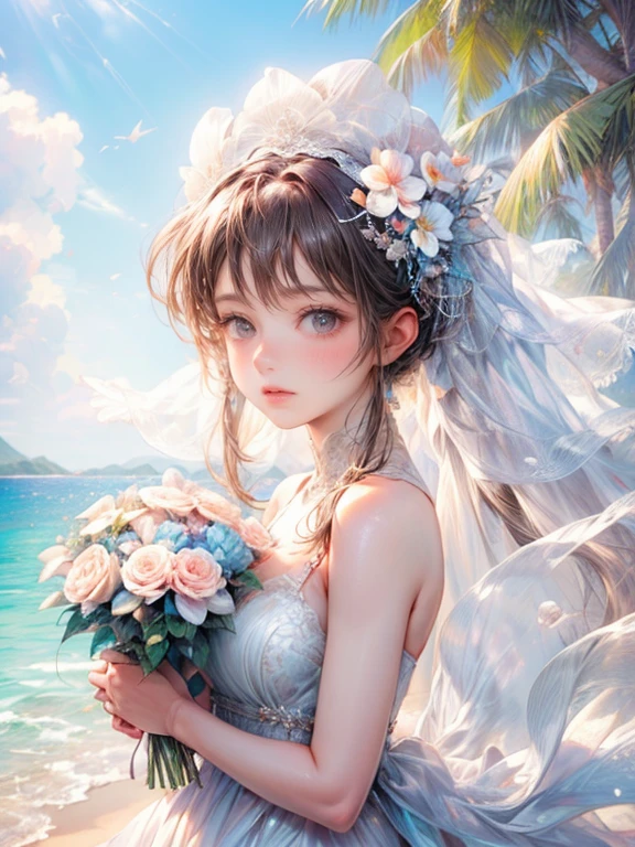 (((cowboyshot, 1girl , solo))):1.2, (best quality, highres,masterpiece:1.2, 8k, ultra-details:1.2, photorealistic:1.37), cute girl in  bright and sunny sandy beach wedding, pure white swimware that resembles a wedding dress, brown hair, bangs, beautiful ultra-delicate (face, eyes, lips, clothes), ((holding a bouquet tightly)), crystal clear turquoise water, white sandy beach, tropical palm trees swaying in the gentle breeze, providing shade, happily expressions on the faces of the bride, sparkling diamond ring on the bride's finger, soft golden sunlight creating a warm and romantic atmosphere, romantic beach decorations with shells and flowers, intricate lace details on the swimware, bride surrounded by loved ones, clear blue sky with fluffy white clouds, refreshing sea breeze caressing everyone's skin, sounds of laughter and happiness filling the air, the gentle sound of waves crashing on the shore.