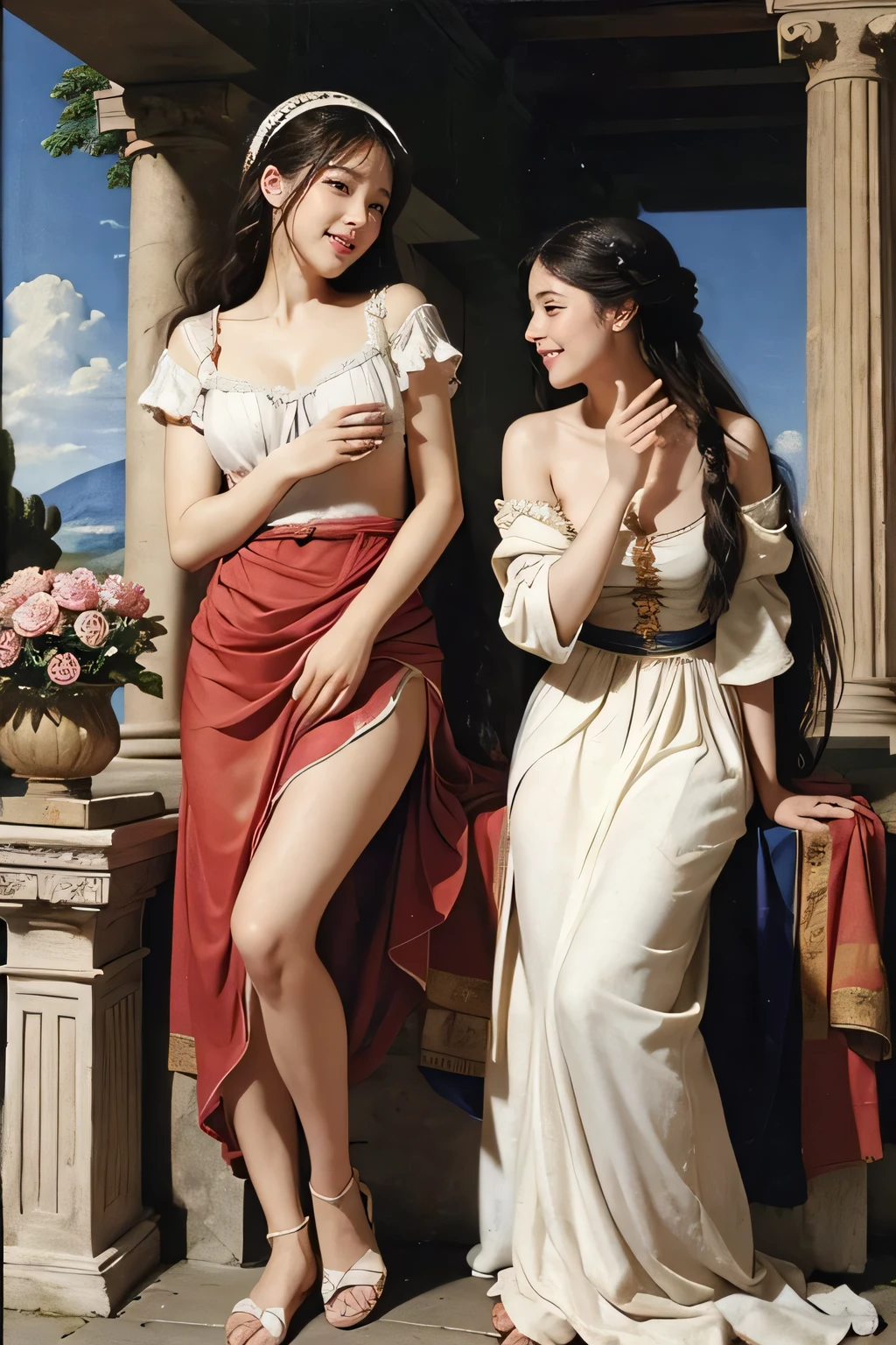 full body portrait or statue、Giorgione painting style,Arguments of two female Philosophe,math、astronomical machine、astronaut、roses in vase、fruits、Cute trinkets、smile、ancient greek costume、Ancient Roman landscape in the style of Nicolas Poussin,laughter,,Sweet and seductive appearance.、Caravaggio's paintings、Chiaroscuro of Caravaggio、hair tousled by the wind,Two women frolicking,cute smile, expression of ecstasy,Sexy,erotic
