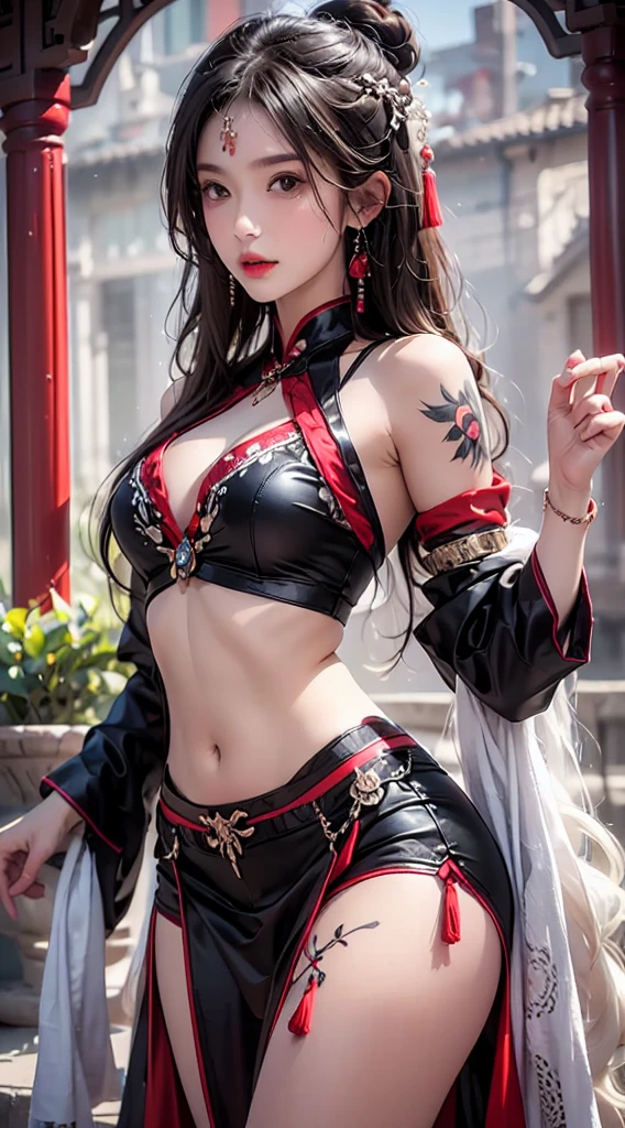 Photorealistic, high resolution, 1 woman, hips up, Beautiful eyes, Long hair, ringed eyes, jewelry, tattoo, hanfu, Chinese fairy, taoist uniform