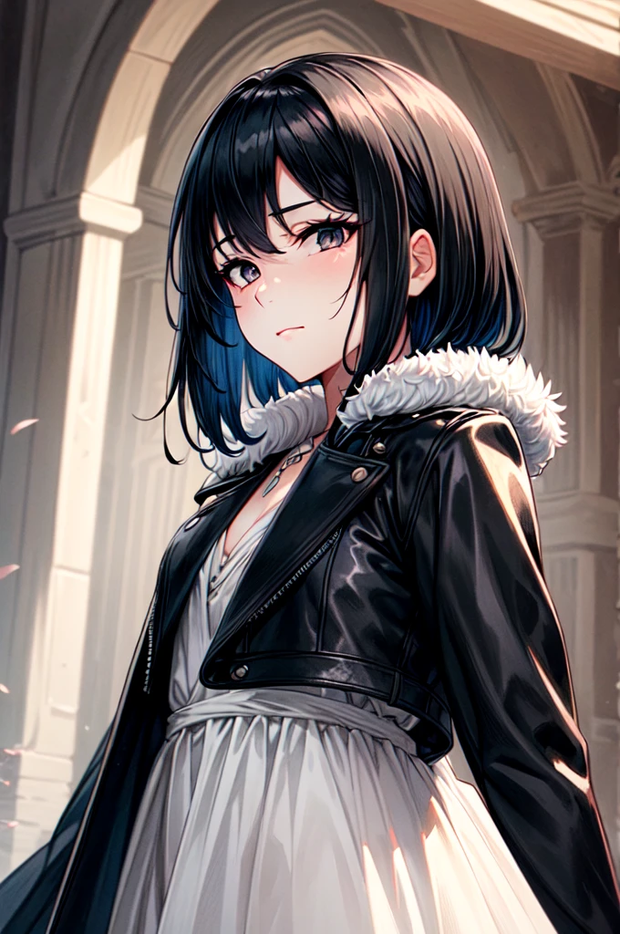 masterpiece, best quality, 1women, adult, female focus, solo, medium black hair, vibrant black eyes, looking at viewer, closed mouth, emo, Fantasy aesthetics, Highly detailed, shadowverse style, leather coat