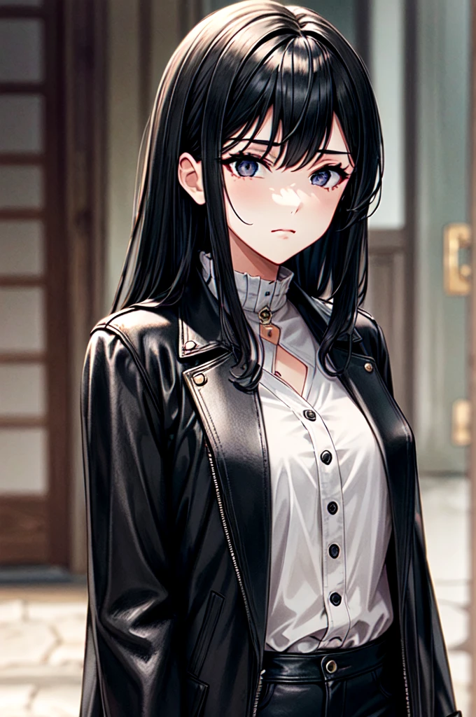 masterpiece, best quality, 1women, adult, female focus, solo, medium black hair, vibrant black eyes, looking at viewer, closed mouth, emo, Fantasy aesthetics, Highly detailed, shadowverse style, leather coat
