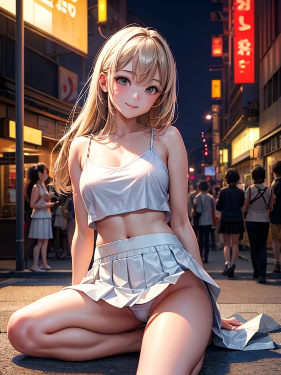 1 Girl, Tokyo Street,night, Streetscape,City lights,Whole body 1.4,close,smile,, (8K, Raw photo, highest quality, masterpiece:1.2),(Realistic, photo-Realistic:1.37),White camisole,mini skirt,sit,Panty Shot,White panties,While wearing a skirt,Lift the skirt yourself,