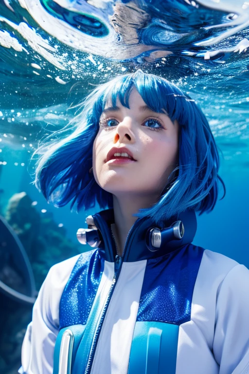 8k, One girl, High collar, nice, (Fractal Art 1.8), pout, Young people, Blue Hair, Deep in the ocean, nice, dynamic, Visual impact, Put your hands in your pockets, (Lens Wave 1.5)
