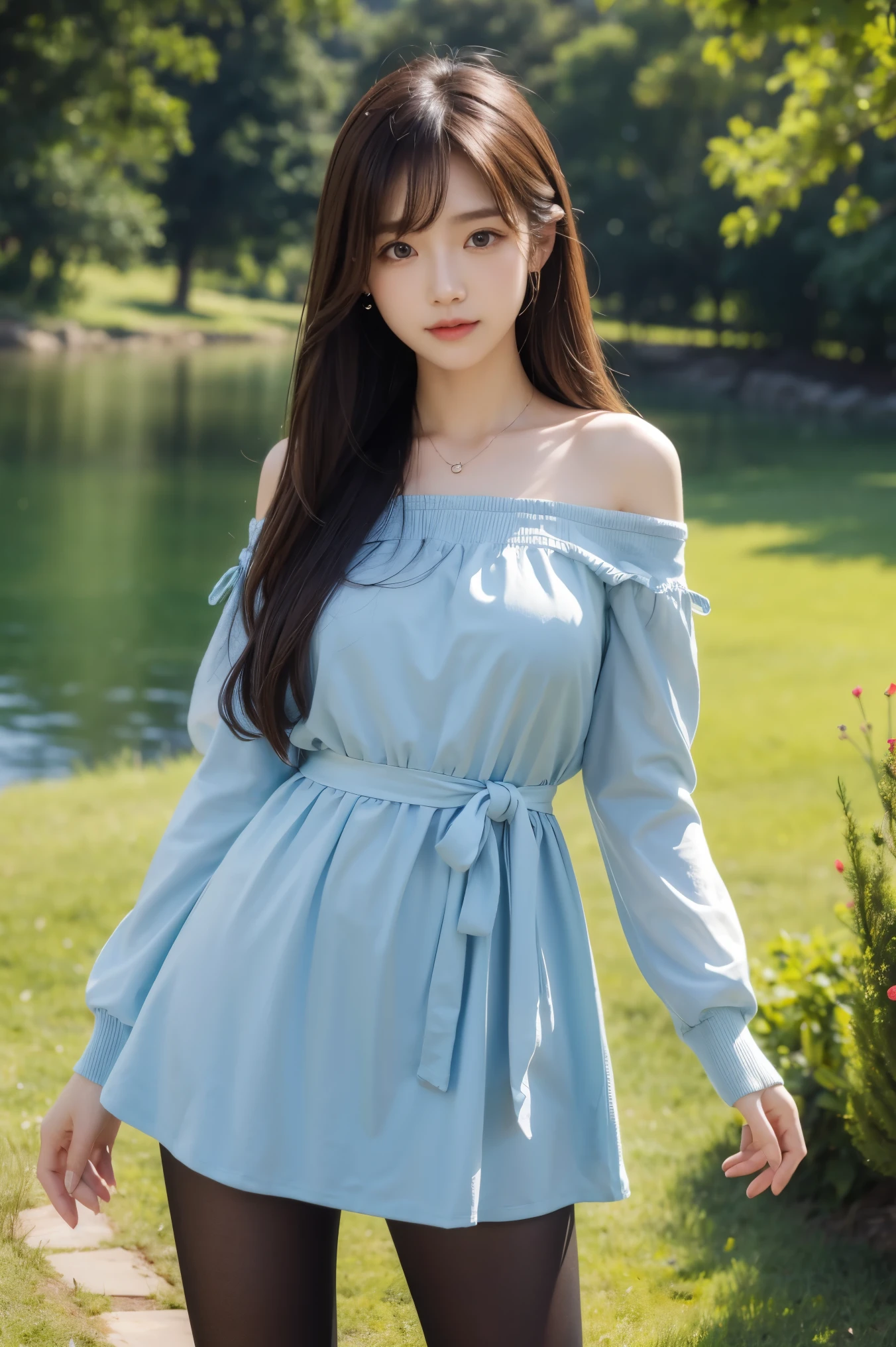 whole body，Messy long hair，Bare shoulders，Standing，（masterpiece，high quality，best quality），Light追踪，Extremely detailed CG unified 8K wallpaper，solo，Sunlight，Light，fantasy，magical sparkles，outdoor，lake，Pantyhose