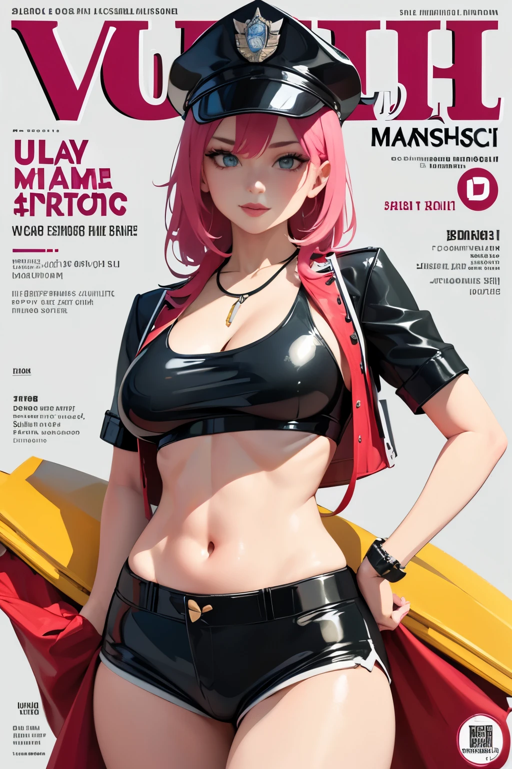 ))), (((ultra detailed))), (((masterpiece))), illustration,(Magazine cover-style illustration of a fashionable woman in a vibrant outfit), posing in front of a colorful and dynamic background. She has a confident expression and is holding a statement accessory, The text on the cover should be bold and attention-grabbing, with the title of the magazine and a catchy headline. The overall style should be modern and trendy, with a focus on fashion and lifestyle), 1girl,solo,looking at viewer, glossy skin, contrapposto, navel, midriff, necklace, female focus,model,medium breasts, ,street,in public,police hat, police uniform, handcuffs,short shorts, arms crossed, cool, see-through, ,jitome, ,underboob,floating hair, sexy ,fine fabric emphasis, dynamic pose, negative space:0.35, realistic:1.33,