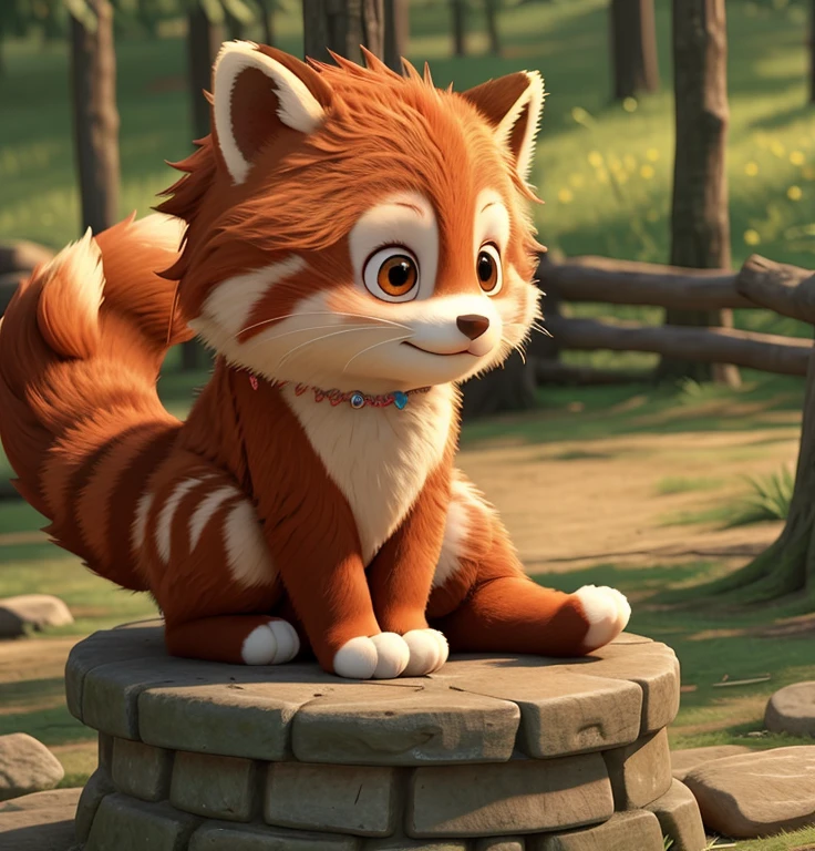 Red panda lying on a fluffy cloud、Place your hands under your head、Close your eyes、She seems to be having a happy dream..。Laughing in your sleep。Sleeping comfortably、