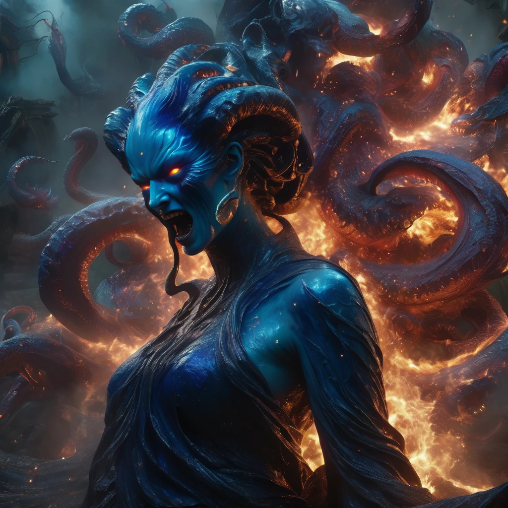 (best quality,4k,8k,height,Masterpiece:1.2),very detailed,(realistic,photorealistic,photo-realistic:1.37),A giant three-faced demon from another dimension was summoned from a magic circle., The horror of the universe, A deformed head with twisted tentacles and horns., Numerous large fangs, long sharp claws, Long tail, A terrifying figure clad in a blue flame robe., An overwhelming amount of violence that plunges the world into chaos., liberation of imagination, Break the limits, Creating a new world (amazingly powerful and realistic composition by Greg Rutkowski:1.2) (One of them was the face of the most beautiful woman in the universe.:1.5), (no:1.5), (There are organs on the head that resemble female external genitalia.:1.5)
