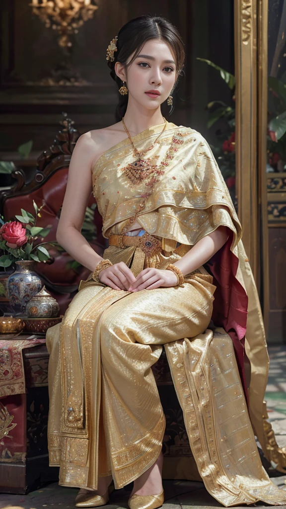 (raw photos:1.2), (realistic:1.4),(Masterpiece:1.3),(best quality:1.4),Ultra high resolution,(Detailed eyes),(Detailed facial features),(Detailed clothing features),HDR,8K resolution, Focus only,Dressing according to Thai tradition,traditional shawl ,gold hair accessories,1 woman ,Facing the audience,Full body, depth of field,Cinema-grade lighting,