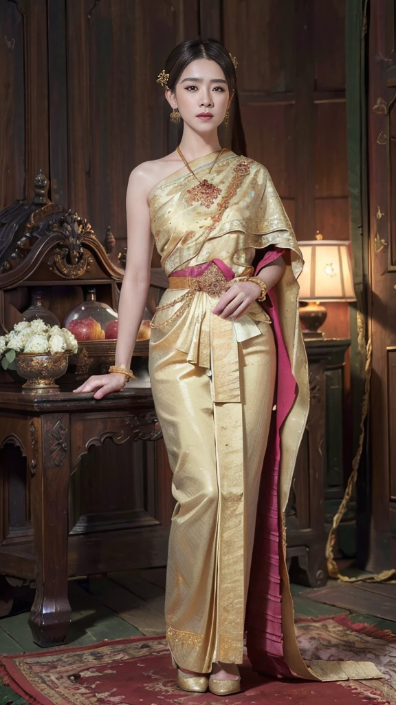 (raw photos:1.2), (realistic:1.4),(Masterpiece:1.3),(best quality:1.4),Ultra high resolution,(Detailed eyes),(Detailed facial features),(Detailed clothing features),HDR,8K resolution, Focus only,Dressing according to Thai tradition,traditional shawl ,gold hair accessories,1 woman ,Facing the audience,Full body, depth of field,Cinema-grade lighting,