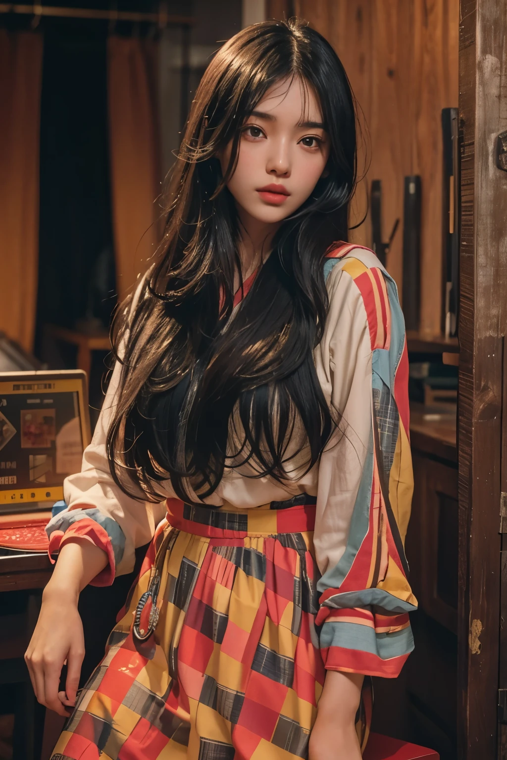 Araped woman wearing multi-colored blouse with long black hair, mustard colored skirt, curtain bangs, No makeup, wavy hair, Madison Beer, without makeup, 중앙에서 분리된 curtain bangs, Profile picture, Use Instagram Filters, Subtle soft and dim light, Pose sitting in front of a laptop, perfect face, julia sardinian, perfect hands,