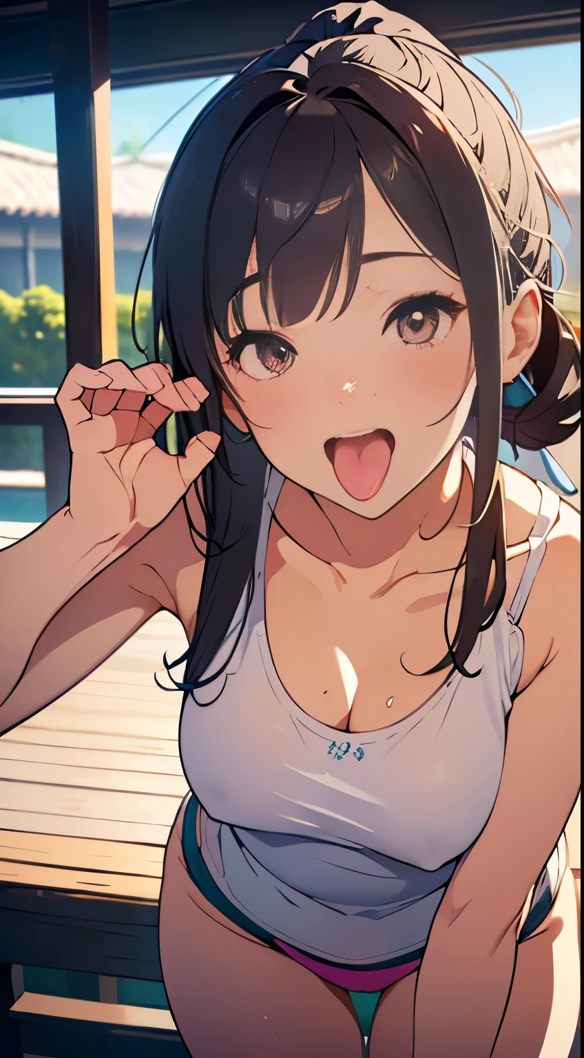 sex friend,((blowjob pose、Close one eye, tilt your head up, open your mouth and stick out your long tongue))、Very beautiful Japanese women、Plump high school girl、(((Wearing a small, thin, plain tank top)))、Nice style、((Big Breasts、Rocket-shaped、The areola is long and pointed))、ponytail、Detailed depiction of a long tongue、Detailed depiction of fingers gripping peniaximum number of pixels、Ultra-realistic photorealistic image quality、((Excited and happy expression、Close-up of face))、((The lower body is only panties))
