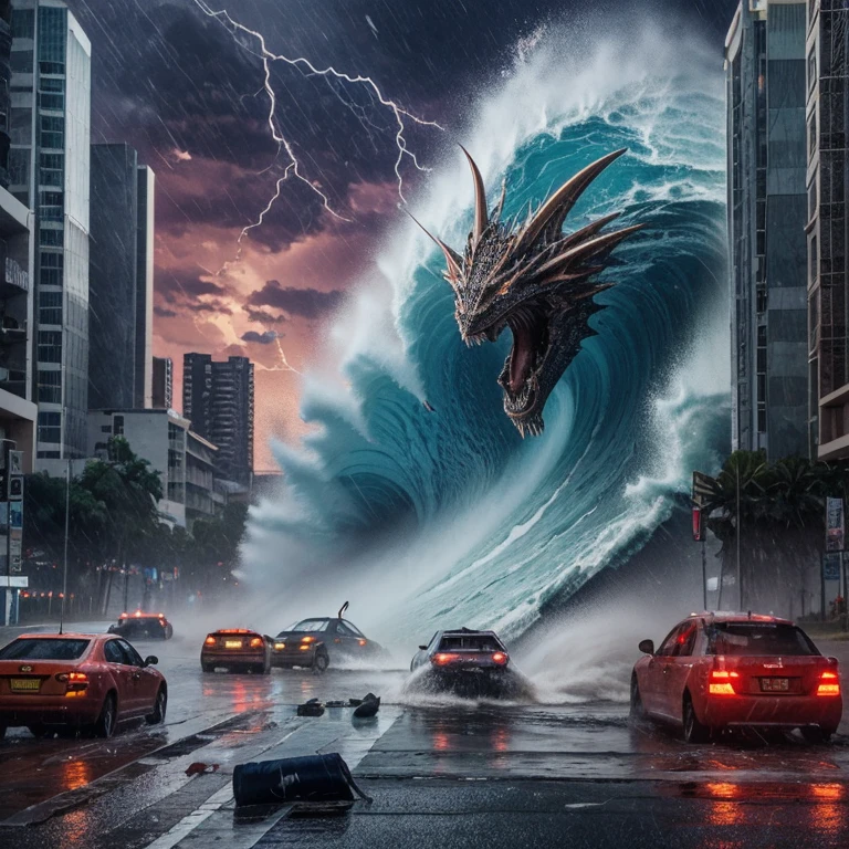 Spectacular scene with live action of a huge wave crashing with excessive force forming a transparant a dragon's head and hitting (an Indonesian man standing on some rainy night) photo taken with a focal length of 8mm and brightness of f11 with a Canon series lens. Realistic photography.