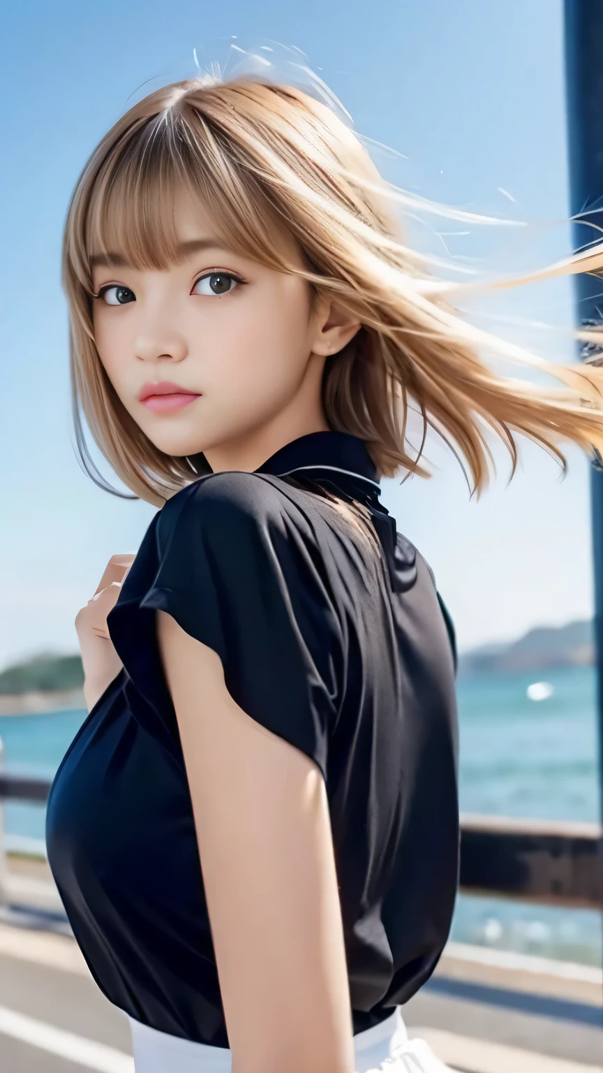 Sexy big 、Sexy cute looks and cute beautiful girl, Beautiful and sexy face、The strong wind blows the hair in front of my face、A short-haired blonde with cute, sexy eyes hidden by long bangs.、cute ribbon