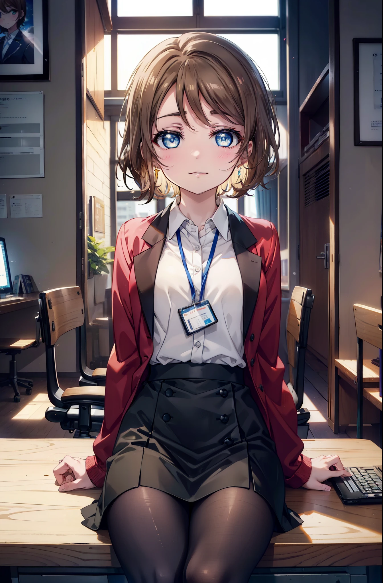 Yowatanabe, Mr.. Watanabe, short hair, blue eyes, brown hair, smile, happy smile, smile, Open your mouth,OL, Red glasses, end, black suit jacket, collared jacket, White dress shirt, Collared shirt, Neckline, button, strap, ID card on the neck, Black pencil skirt, Black Pantyhose, Stiletto heels,sitting cross-legged on a chair,There is a computer on the table,touch typing,interior,As if your whole body is in the illustration,Daytime,快晴
break indoors, office,
break looking at viewer, (Cowboy Shot:1.5),
break (masterpiece:1.2), highest quality, High resolution, unity 8k wallpaper, (shape:0.8), (Fine and beautiful eyes:1.6), Highly detailed face, Perfect lighting, Highly detailed CG, (Perfect hands, Perfect Anatomy),