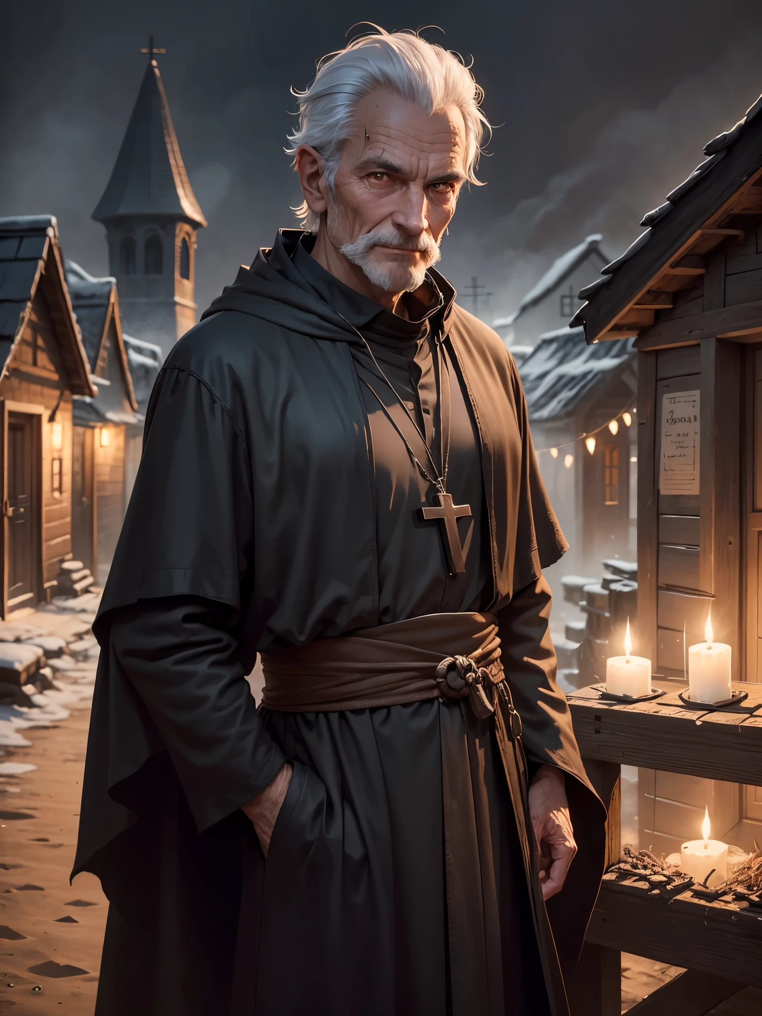 1oldman, solo, diablo, Tremain the Priest, black robes, wooden cross around neck, standing, in dark town of tristram, rural town, caravan behind him, lighting, looking at viewer, relaxed expression, happy expression, short combed hair, white hair, widows peak, cowboy shot, no facial hair,