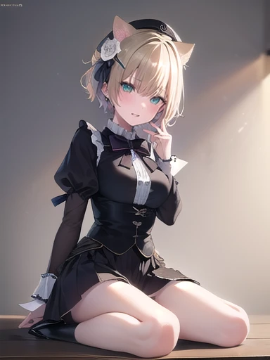 (masterpiece:1.3),((High resolution)),((high quality)),((Super detailed))、One girl、Perfect balance、Perfect Face、Detailed face、Cute face、beautiful詳細な目、Expressive eyes、Cute eyes、Shiny eyes、Perfect body、beautiful体、Highless、Walnut noa、Short Hair、Animal ears、beret、Black Hat、Hair Flowers、White Rose、Barrette、black bow tie、brooch、White shirt、Black Dress、Long sleeve、Puffy sleeves、Black Skirt、(head shot)、Embarrassing、blush、beautiful女の子、Cute face、beautiful顔、Cute face、beautiful、Best Quality、good anatomy、smile、Closed Mouth、((Full Body)),((Super detailedな背景)), Mistress Pose, ((8K Wallpaper)) , Watching the audience, Moody lighting, In-person audience、wariza、(girl sitting)、From below、field、whole body