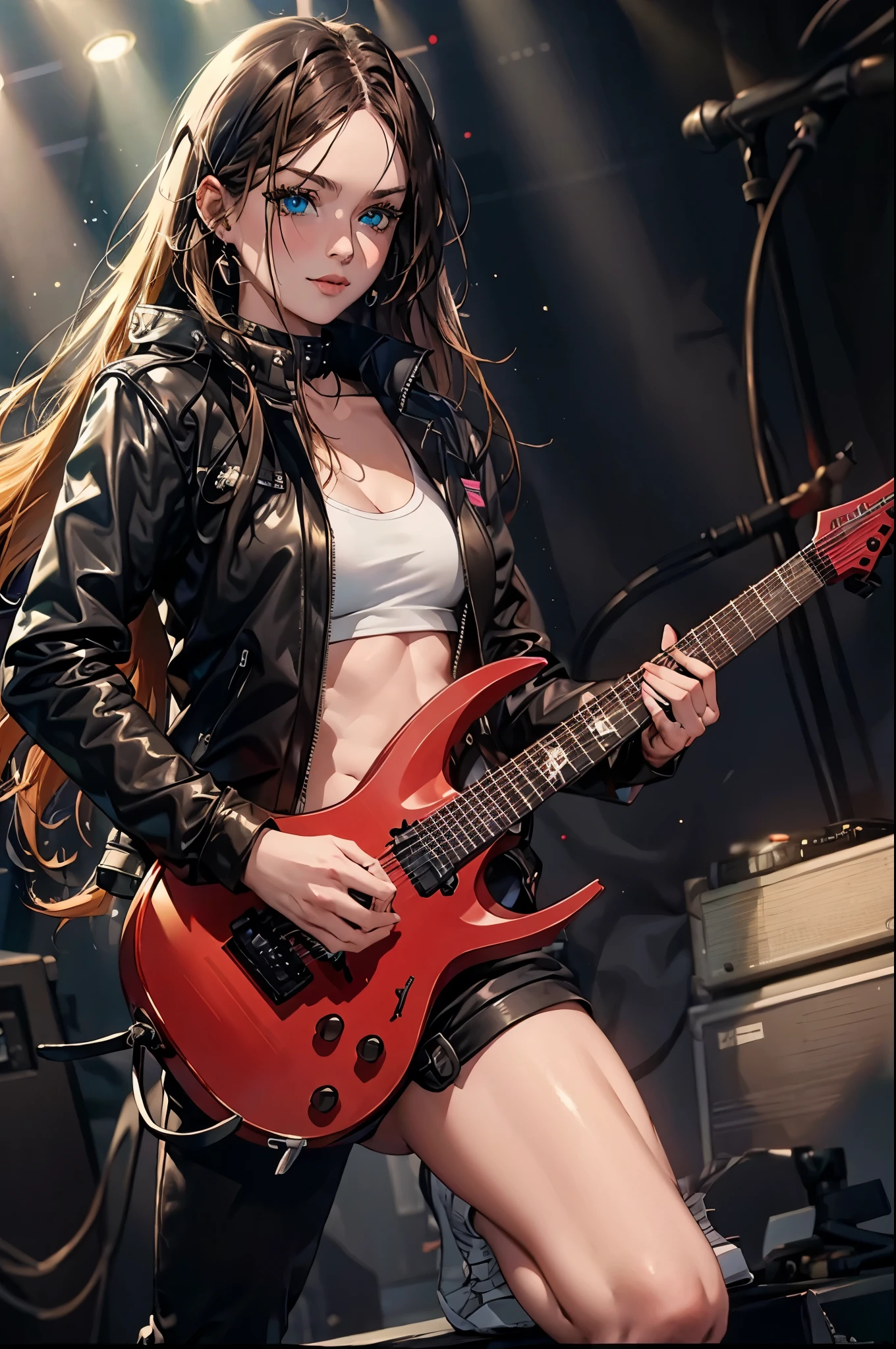 Realistic:1.2, Rocker girl in leather jacket,Slim figure、Normal bust size、 highly Realistic photograph,  full body shot, １Two electric guitars, Clothing with spikes,White tank top、Belly button、Low-rise leather shorts,Tattoo,Piercings Dark lipstick, blue eyes,blonde twintail hair,Black Ribbon, Beautiful and perfect legs, Confident expression, Punk Style ,Dynamic Pose, Dynamic Lighting, Brightly colored stage,Colorful stage lights,