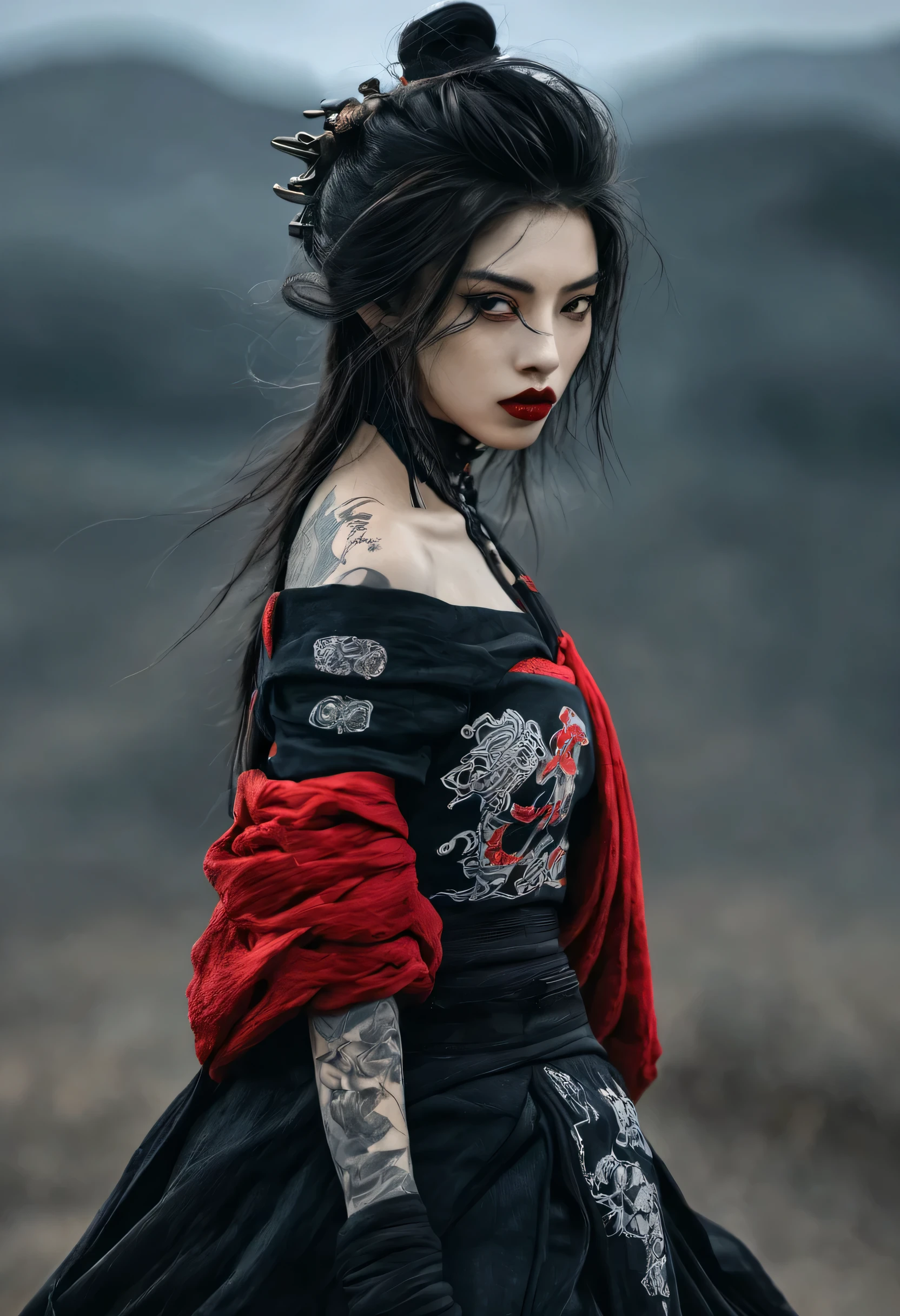 best quality, masterpiece, ultra high res, photorealistic, 1girl, offshoulder, a samurai girl half cyborg, gothic outfit, with tatto, red lip, full body, dynamic pose, gloomy battlefield background, dark fantasy, horror vibe. gogeous hairstyle, dreamy gothic girl