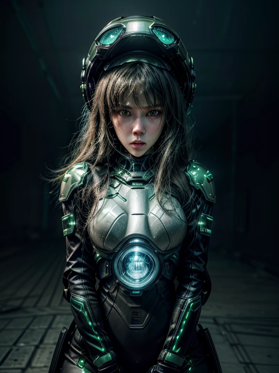 Highest image quality, Excellent details, ultra high resolution, (Reality: 1.4), best illustrations, Offer details, Highly concentrated 1girl, Has a delicate and beautiful face, Dressed in black and green mechs, wearing a mech helmet, holding direction, riding a motorcycle, Background futuristic city high tech lighting scene.