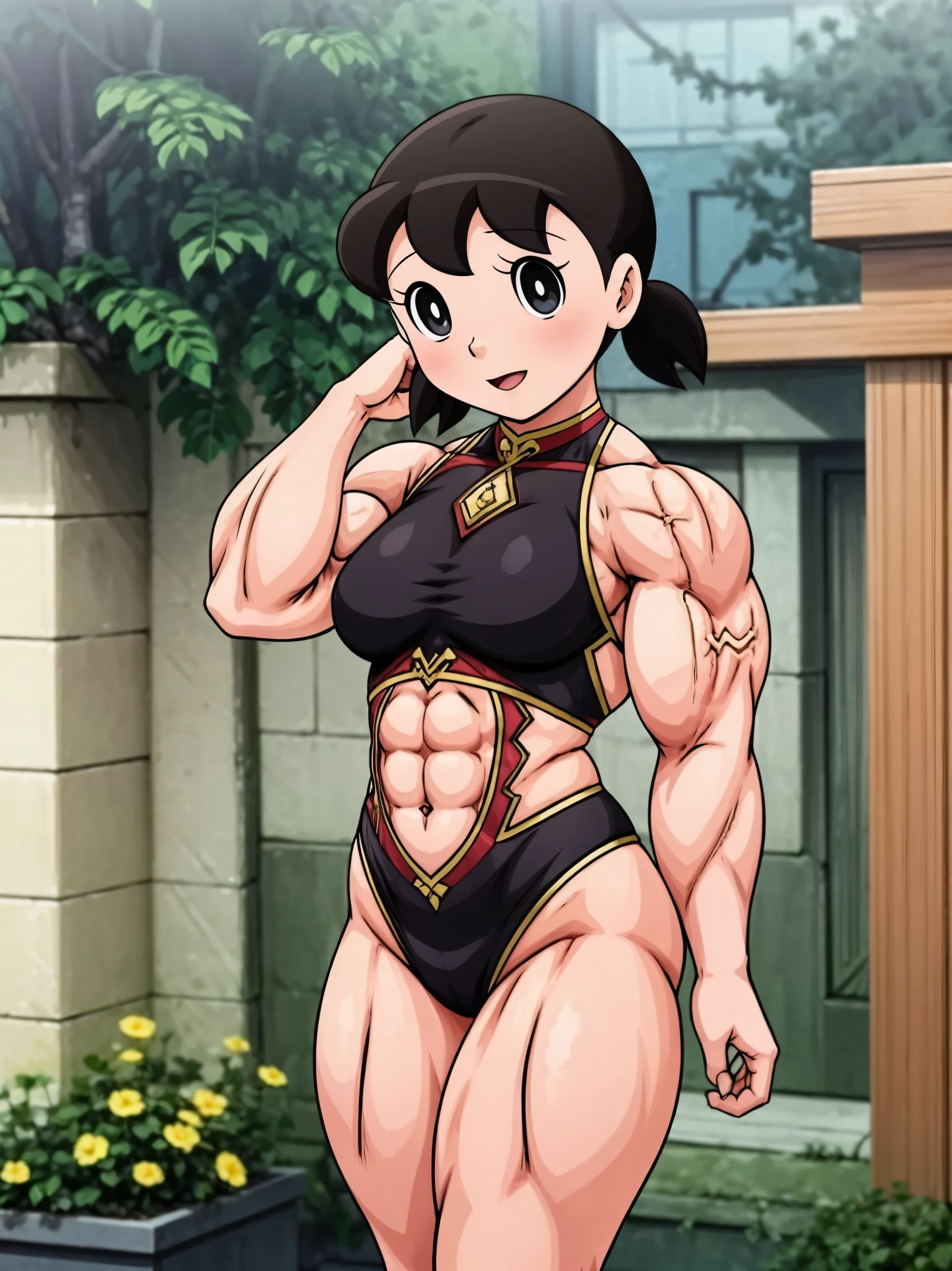 In a beautiful countryside, under the warm sunlight, stands Shizuka Minamoto, a big muscular female bodybuilder. Her toned muscles glisten with sweat as she confidently poses in front of a blooming garden. Her body is a masterpiece of strength and determination, adorned with bulging biceps, defined six-pack abs, and powerful legs. Shizuka's eyes sparkle with determination and focus, while her lips form a determined smile. Her long eyelashes add to her overall beauty and charm. The artwork depicts Shizuka in a hyper-realistic style, resembling a high-resolution photograph. Every detail of her physique is captured with extreme precision, showcasing the dedication and hard work she has put into her training. The lighting in the scene highlights her muscular contours, creating a visually striking composition. The garden surrounding Shizuka is filled with vibrant colors, with flowers of various hues and shades. The lush green grass provides a natural and refreshing backdrop. The scene is bathed in warm, golden sunlight, casting soft, cascading shadows across the landscape. The overall color tone of the image is vivid and vibrant, enhancing the energetic atmosphere. The medium used to create this artwork is a combination of traditional illustration and digital painting techniques. The fine details and textures of Shizuka's muscles are painstakingly hand-drawn, while the background and foliage are digitally rendered for a realistic and immersive experience. The result is a visually stunning artwork that showcases the beauty and strength of the human body. In summary, the Stable Diffusion prompt for this artwork is: Shizuka Minamoto, big muscular female bodybuilder, beautiful countryside, confident pose, bulging biceps, defined abs, powerful legs, determined eyes and lips, long eyelashes, hyper-realistic, high-resolution, vibrant colors, warm sunlight, detailed muscles, traditional illustration combined with digital painting, realistic foliage, vivid and vibrant color.