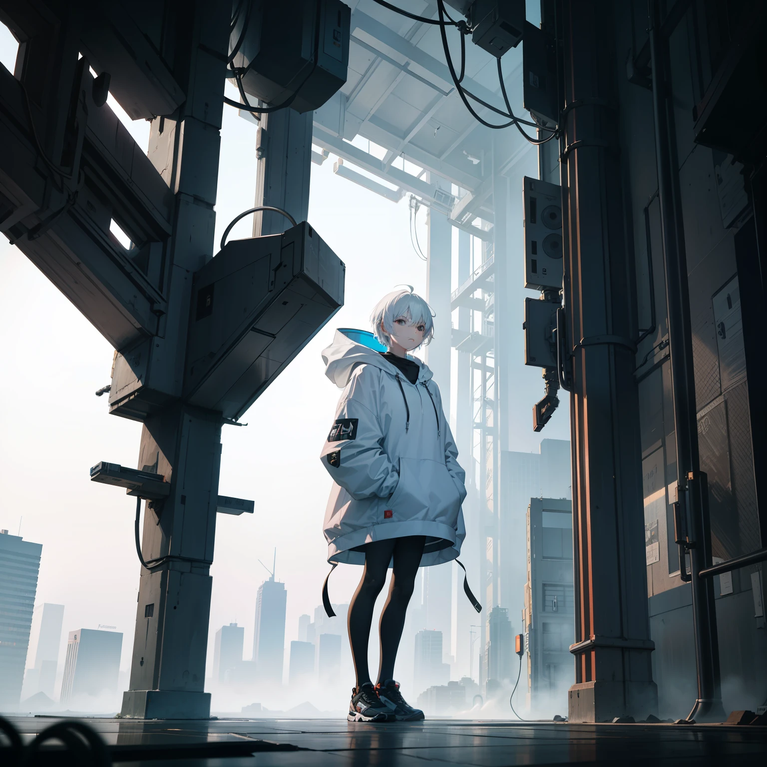 Boy, short hair, wearing cyberpunk hoodie, white hair, standing on top of a tall building where the whole city is visible, {clear},{definite},{intelligible},{unequivocal},{perceptible},{manifest},{limpid} {unmistakable},{noticeable},{unblurred},{itemized},{particularized; exhaustive},{thorough},{comprehensive},{detailed-face},{great-art},{amazing-art},{amazing-skill},{incredible-skill},{wonderful-art},{amazing-artwork},{fantastic-art},{incredible-graphics},{mind-blowing-creativity},{stunning-masterpiece},{8K UHD},{UHD-2},{Super Hi-Vision},{UHD},{Full-HD},{1080p},{4K},{8K-UHD} (Ultra-HD)-7680-pixels-x-4320 pixels},{4K-UHD-(Ultra-HD)-3840-pixels-x-2160-pixels-1440p-(Quad-HD)-2560-pixels-x-1440-pixels},{5K},{8K}