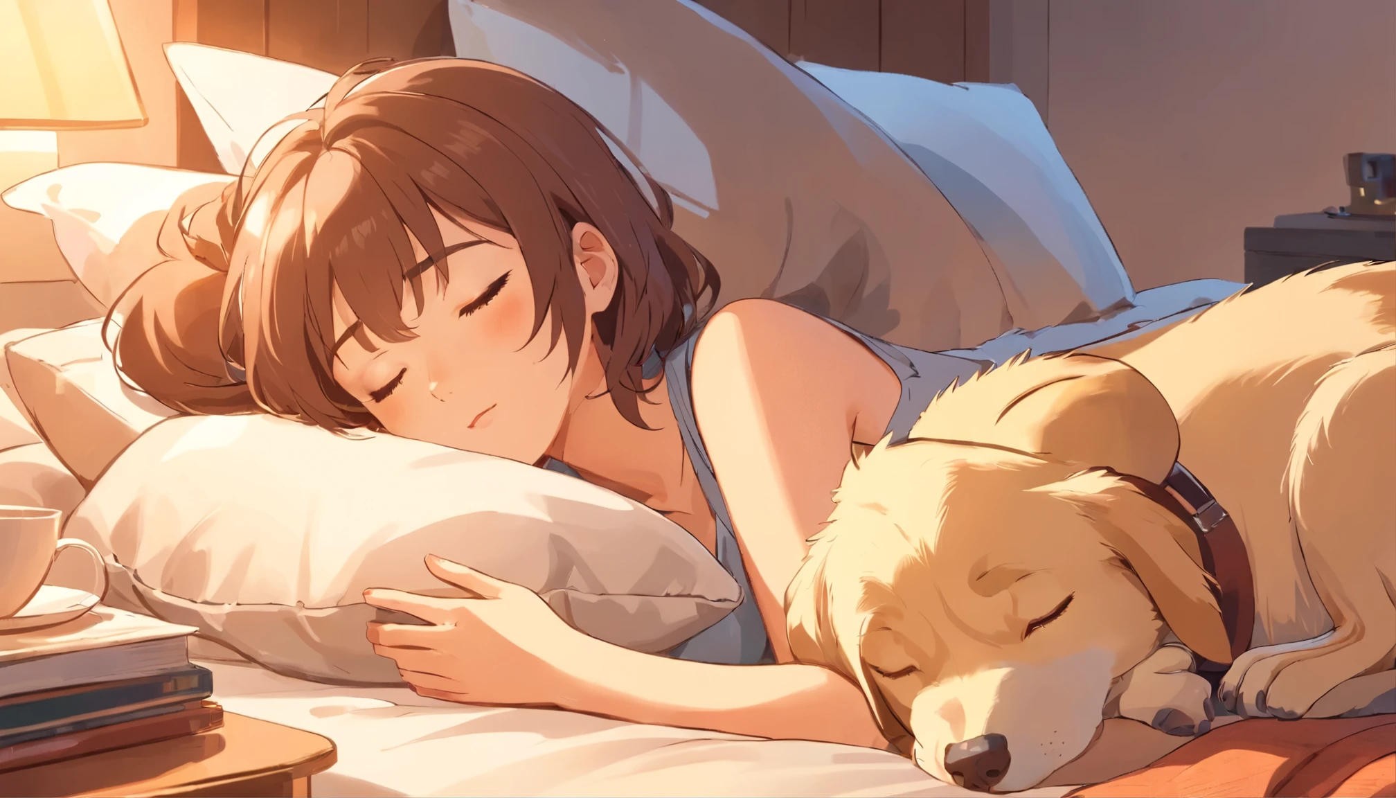 Stickers, Girl sleeping with a small Labrador puppy, drooping ears, Teacup puppy size, overview, vector, White outline, bed, 8k,