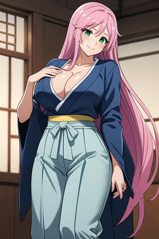 1 girl, 19 years old, Long pink hair, green eyes with slit pupils, master-piece, best quality, (standing up), (navy blue hakama trousers), (white long-sleeve kimono top, navy blue hakama trousers, cleavage), (Big , ultra gigantic , Super super big, Glamorous body), Make eye contact with the camera, front figure, looking forward, (light_Smile:1.5), (Detailed hands and fingers:1.2) (feudal Japan), (FULL BODYSHOT), thighs thighs thighs thighs