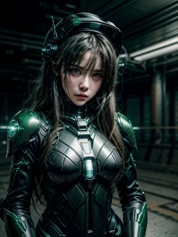 Highest image quality, Excellent details, ultra high resolution, (Reality: 1.4), best illustrations, Offer details, Highly concentrated 1girl, Has a delicate and beautiful face, Dressed in black and green mechs, wearing a mech helmet, holding direction, riding a motorcycle, Background futuristic city high tech lighting scene.