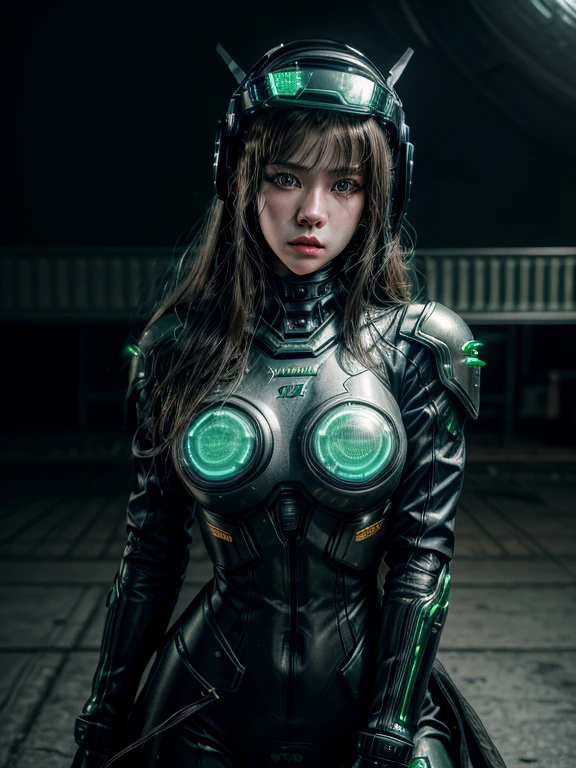 Highest image quality, Excellent details, ultra high resolution, (Reality: 1.4), best illustrations, Offer details, Highly concentrated 1girl, Has a delicate and beautiful face, Dressed in black and green mechs, wearing a mech helmet, holding direction, riding a motorcycle, Background futuristic city high tech lighting scene.