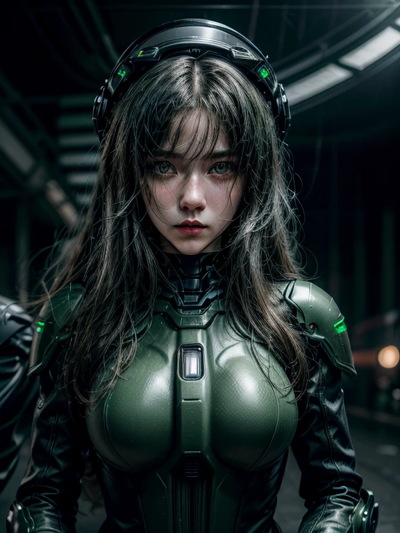 Highest image quality, Excellent details, ultra high resolution, (Reality: 1.4), best illustrations, Offer details, Highly concentrated 1girl, Has a delicate and beautiful face, Dressed in black and green mechs, wearing a mech helmet, holding direction, riding a motorcycle, Background futuristic city high tech lighting scene.