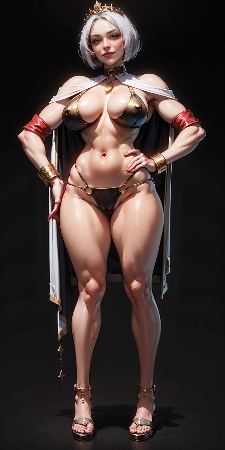 ((BLACK BACKGROUND,1:2, masterpiece)), full body MILF BIMBO standing with two long thighs and two high heels, red eyes, silver white hair, short bob style hair, big breasts, cleavage, separate sleeves, tiara royal, long cape up to two feet, yellow bikini, hands on waist, navel, lustful smirking smiling, smile face (red blushed, red cheeks), metal shoulders, gold sleeveless armbands, black leather choker slave collar, shackle bracelets, sex slave red crest, full body MILF BIMBO standing with two long thighs and two metal sandals, red eyes, silver white hair, short bob style hair, big breasts, cleavage, separate sleeves, tiara royal, long cape up to two feet, yellow bikini, hands on waist, navel, lustful smirking smiling, smile face (red blushed, red cheeks), metal shoulders, gold sleeveless armbands, black leather choker slave collar, shackle bracelets, sex slave red crest, pauldrons, breastplate, corset, eye focus, full body, whole body. 1solo . slave fighter, loincloth standing, hands on hips, metal sandals, backpack, choker, big belt, view from below, feet together, bracers, tiara)