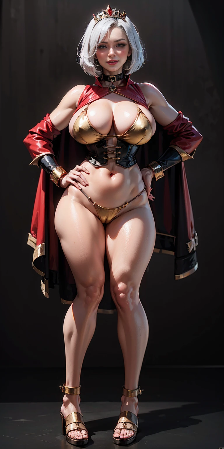 ((BLACK BACKGROUND,1:2, masterpiece)), full body MILF BIMBO standing with two long thighs and two high heels, red eyes, silver white hair, short bob style hair, big breasts, cleavage, separate sleeves, tiara royal, long cape up to two feet, yellow bikini, hands on waist, navel, lustful smirking smiling, smile face (red blushed, red cheeks), metal shoulders, gold sleeveless armbands, black leather choker slave collar, shackle bracelets, sex slave red crest, full body MILF BIMBO standing with two long thighs and two metal sandals, red eyes, silver white hair, short bob style hair, big breasts, cleavage, separate sleeves, tiara royal, long cape up to two feet, yellow bikini, hands on waist, navel, lustful smirking smiling, smile face (red blushed, red cheeks), metal shoulders, gold sleeveless armbands, black leather choker slave collar, shackle bracelets, sex slave red crest, pauldrons, breastplate, corset, eye focus, full body, whole body. 1solo . slave fighter, loincloth standing, hands on hips, metal sandals, backpack, choker, big belt, view from below, feet together, bracers, tiara)