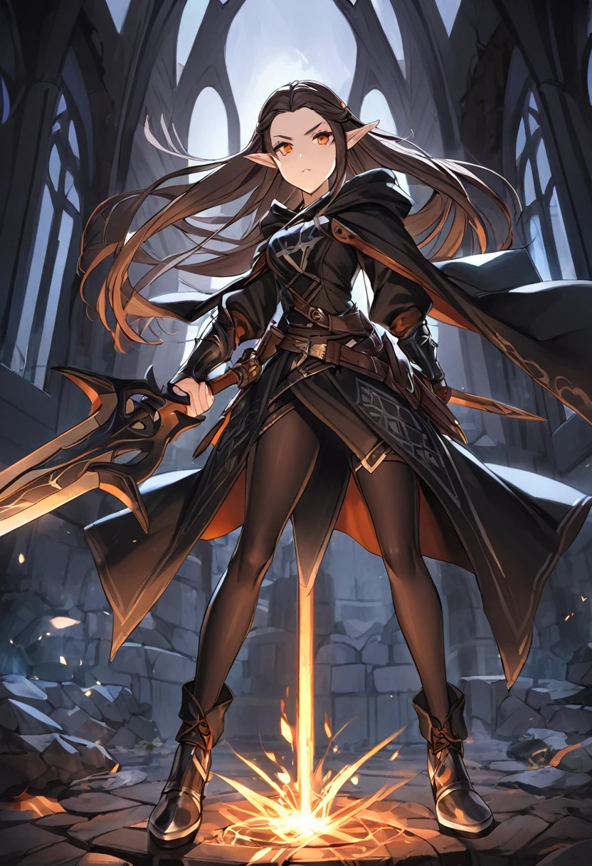 1 elf girl, medium length brunette hair with widows peak, dark orange eyes, wearing assassin fantasy clothing with tights and heeled boots all black gray and brown, holding dual black daggers, using darkness magic, she is also a blacksmith