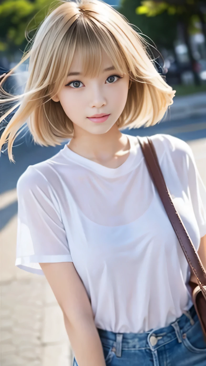 Sexy big 、Sexy cute looks and cute beautiful girl, Beautiful and sexy face、The strong wind blows the hair in front of my face、A short-haired blonde with cute, sexy eyes hidden by long bangs.、cute ribbon