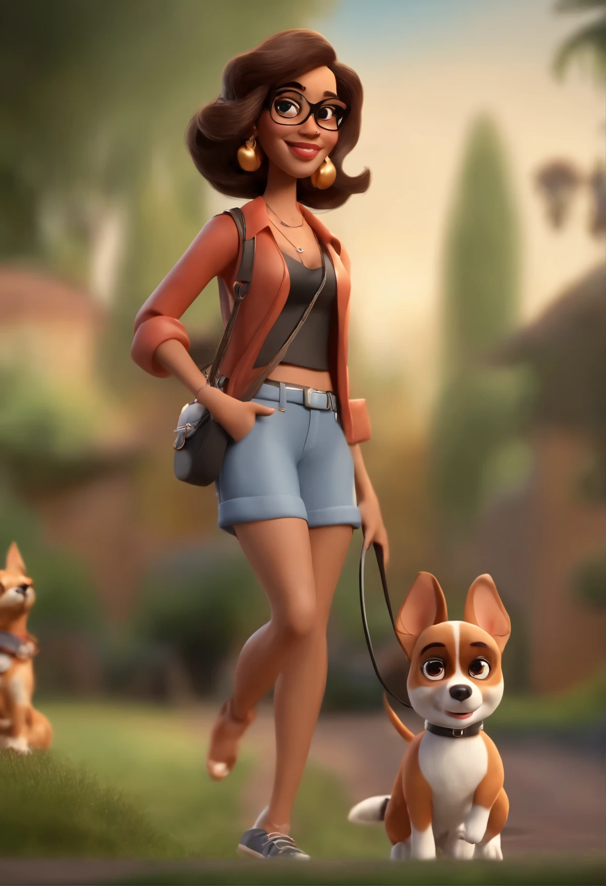 Cartoon character of a 25 year old woman , de ojos marrones, pelo negro, con gafas negras y camisa blanca, animation character, personaje estilizado, y sus mascotas, 2 perros, una perra de raza Beagle y un perro de raza Chihuahua, animation style rendering, 3D estilizado, Arnold Maya renderizado, Render 3D estilizado, Toon render keyshot, Personaje 3D, Personaje 3D, Stylized 3D rendering, renderizado de personajes 3d, personaje animado, Close-up character, Pose del personaje, (Estilo Pixar) (parte maestra:1.2) (bokeh) (mejor calidad) (piel detallada) (textura detallada) (8k) (arcilla) (cinematic lighting) (sharp focus