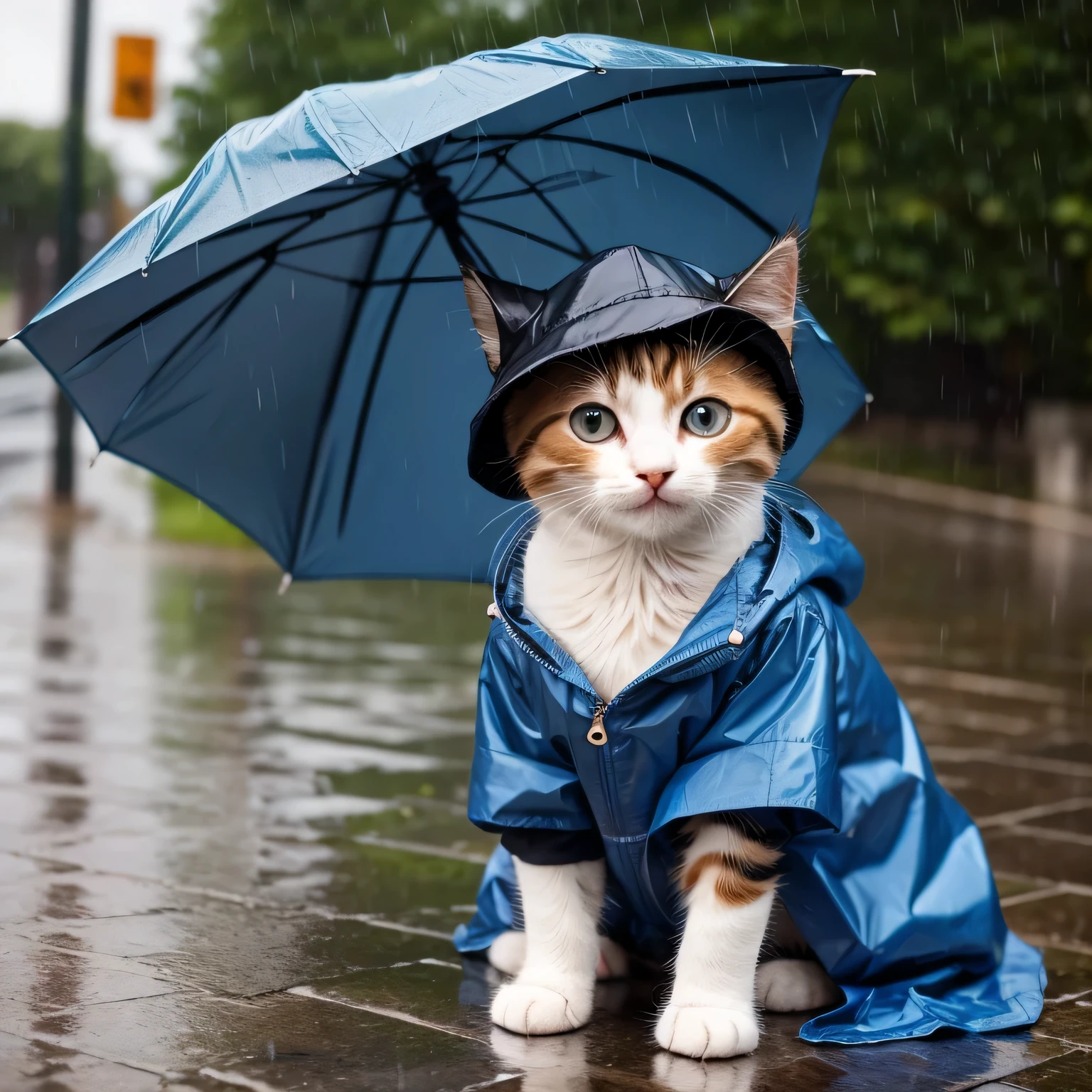 There is a cat that is sitting under an umbrella in the rain - SeaArt AI