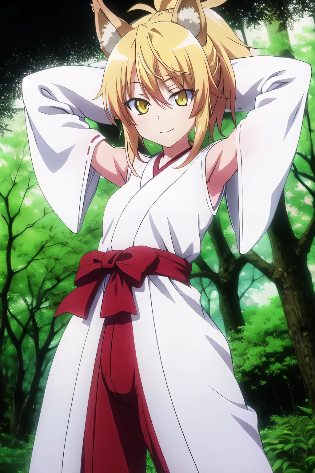 masterpiece, best quality, 1girl, kunou, blonde hair, short hair, ponytail, yellow eyes, fox ears,  japanese clothes, red hakama, miko, looking at viewer, solo, night sky, forest, arms behind head, contrapposto, spread armpits, closed mouth, smile, (cowboy shot:1.5)