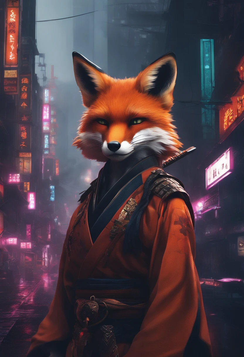 Fox, Cyberpunk Style, samurai style, samurai in the city, Amazing Anime, Cyber Samurai