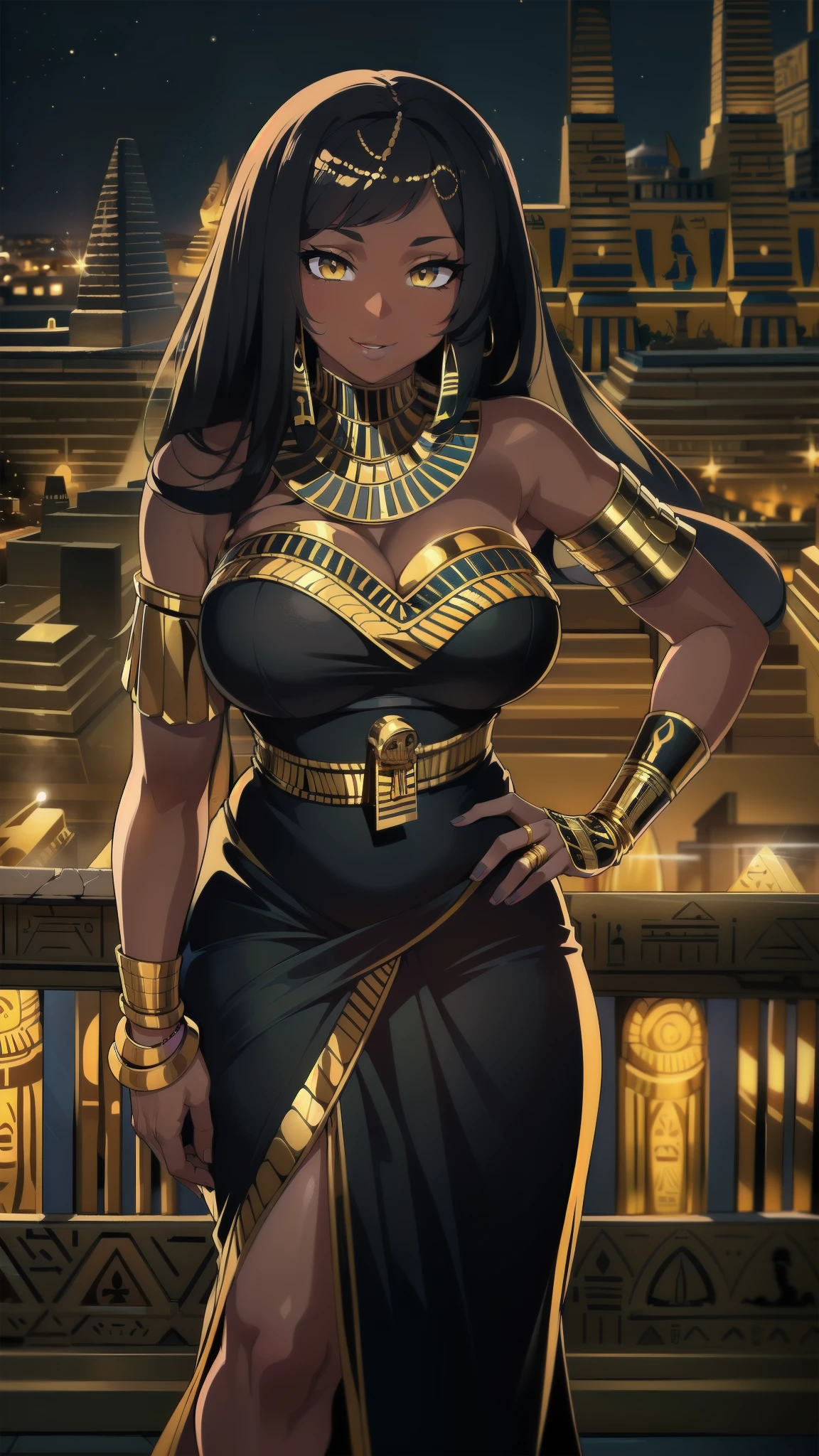 4K Quality, (sexy black woman), (big smile), ((standing up, hand on hip)), ((black and gold egyptian dress)), ((black and gold egyptian hair)), ((gold eyes)), ((dark skinned)), thick thighs, big breasted, big ass, (looking at viewer), (((in the black and gold egyptian city))), (nighttime), ((egyptian city background))