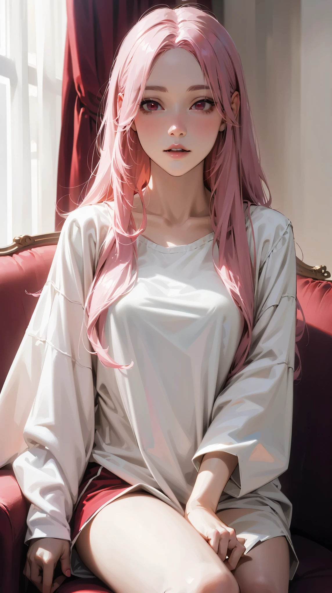 high quality, best detailed light and shadow, 1girl, she has long light pink hair and pale skin with beautiful face, dark red eyes, vampire girl, she's wearing oversize T-shirt, sitting on the sofa sexy