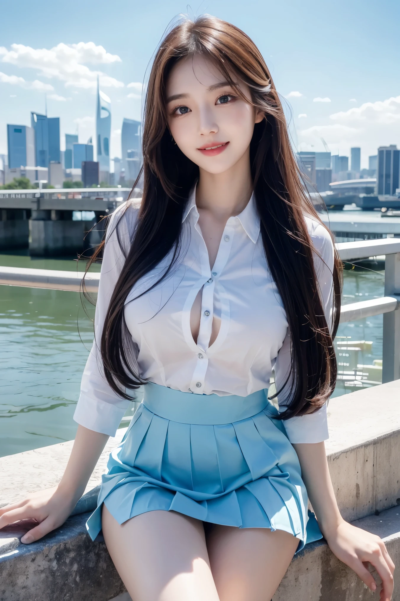 official art, masterpiece, sharp focus, (beautiful gorgeous cute Korean woman:1.3), (beautiful cute korean:1.3), korean beauty, Delicate and beautiful hair and eyes and face, realistic, ultra detailed, beautiful girl, blue sky, glow white particle, (sidelighting:1.2), sun light, white cloud, detailed clouds, slender, Lovely very large breasts and very large hips, smile with teeth, ((smile with eyes, open both eyes)), scenery, long straight hair, sexy facial expression, building, (cityscape:1.7), dynamic hair, long straight hair, detailed platinum pink hair, glow blue eyes, (blue pleated shirts + white skirt), white long socks, pale skin, hair ornament, epic scenery,