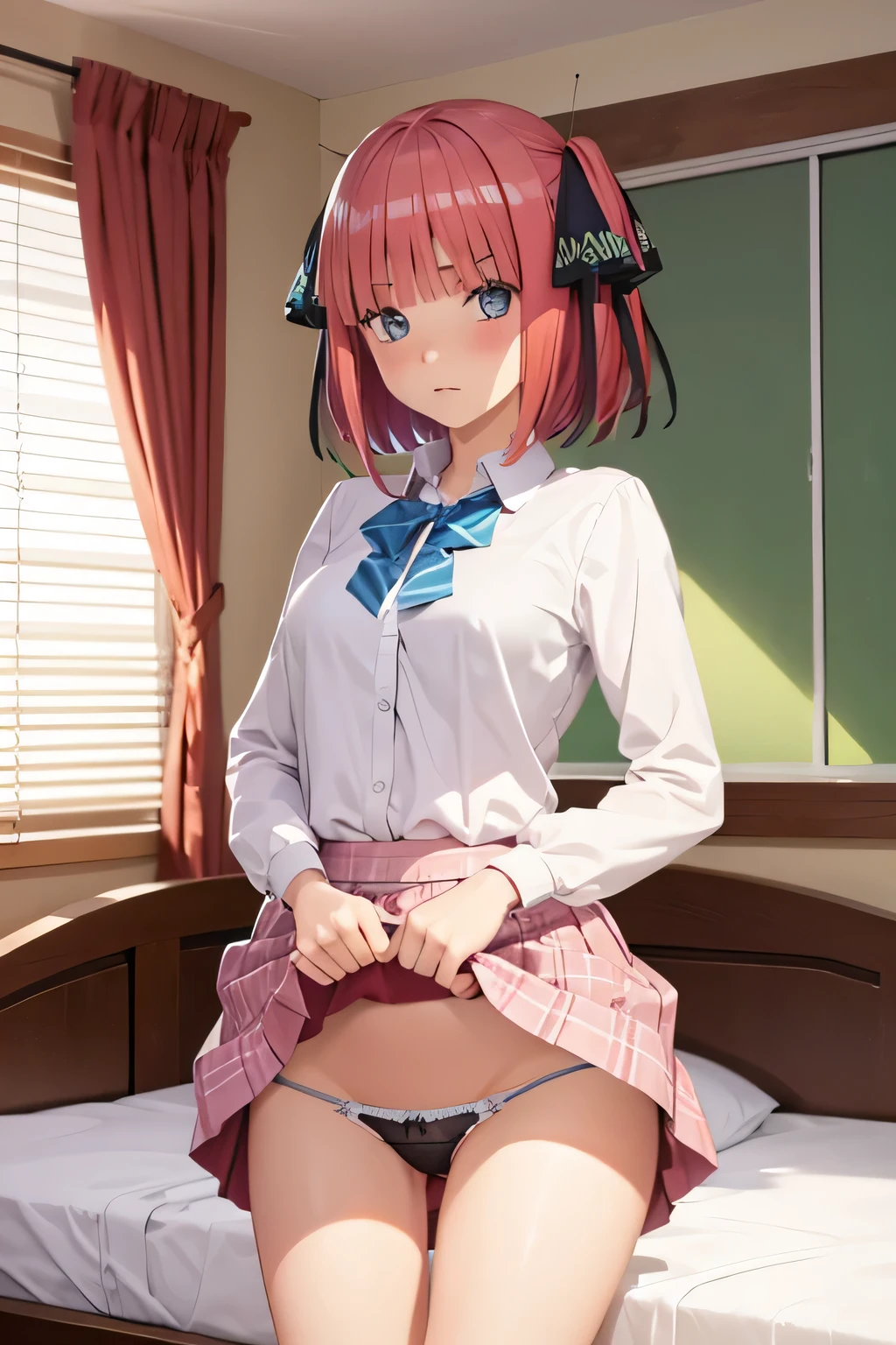 Mastepiece、masterpiece、highest quality、Super detailed、High resolution、8K Portrait、High definition CG of Unity 8k wallpaper、Cute little:1.5、:1.5、Highly detailed CG Unity 8k wallpaper、Realistic、Real person、 Portrait Photography、Shiny skin、High definition、(16 y)、(1 girl)、Beautiful clear eyes、extremely detailed description、Delicate face、Nice lips、Slim body、(thin waist)、Thin legs、(bed room:1.6)、1 Girl, Cute, Perfect Face, seriously, (blush:1.5),(Pink hair bob:1.3),(hair ornaments),(big breasts:1.3),(School uniform:1.3),((skirt lift:1.5)),(looking at view),(from front:1.2),(disapproval face:1.5),nsfw,(take off panty:1.5)