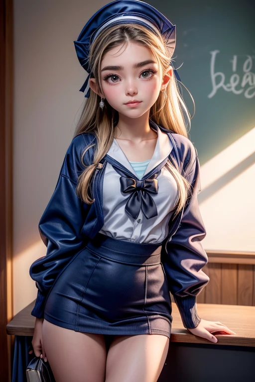 (Obra maestra, of the highest quality:1.2), 8k, joven hermosa chica, 85mm,Foto oficial AR RAW, cara de bebe、big breasts, show me your ears、Photoshoot, cara linda, muslos, classroom after school, mirando al espectador, Sin maquillaje, film grain, chromatic aberration, sharp focus, luz de la cara, Clear lighting, Diez generaciones, cara detallada, bokeh de fondo、((((((16 year old high school girl))))))、cintura delgada、Bajado desde la parte superior del frente.、traje de marinero、cardigan、Super mini falda azul oscuro、atar el cabello、Bend over and show your panties.、bragas de encaje blanco