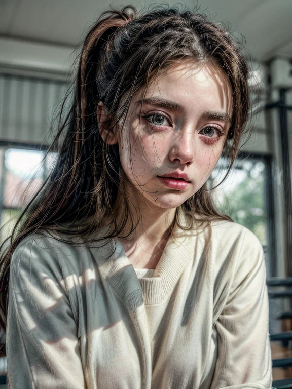 (RAW photo: 1.2), (photorealism: 1.4), top quality, beautiful detailed girl, huge file size, high resolution, 8k wallpaper, fine detail, highly detailed ticker uniform 8k wallpaper, hyper realistic, super detail, masterpiece, 16 year old girl, very detailed eyes and face, beautiful detailed eyes, light on face, movie lighting, sexy pose, varied pose, brown ponytail hair, beautiful gigantic breast, school PA uniform, ((school PA uniform in school gym)), standing, shot from below, school gym, rainy days, dark sky, ((she is sweating))