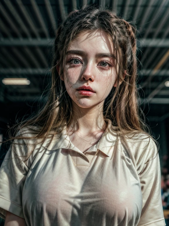 (RAW photo: 1.2), (photorealism: 1.4), top quality, beautiful detailed girl, huge file size, high resolution, 8k wallpaper, fine detail, highly detailed ticker uniform 8k wallpaper, hyper realistic, super detail, masterpiece, 16 year old girl, very detailed eyes and face, beautiful detailed eyes, light on face, movie lighting, sexy pose, varied pose, brown ponytail hair, beautiful gigantic breast, school PA uniform, ((school PA uniform in school gym)), standing, shot from below, school gym, rainy days, dark sky, ((she is sweating))