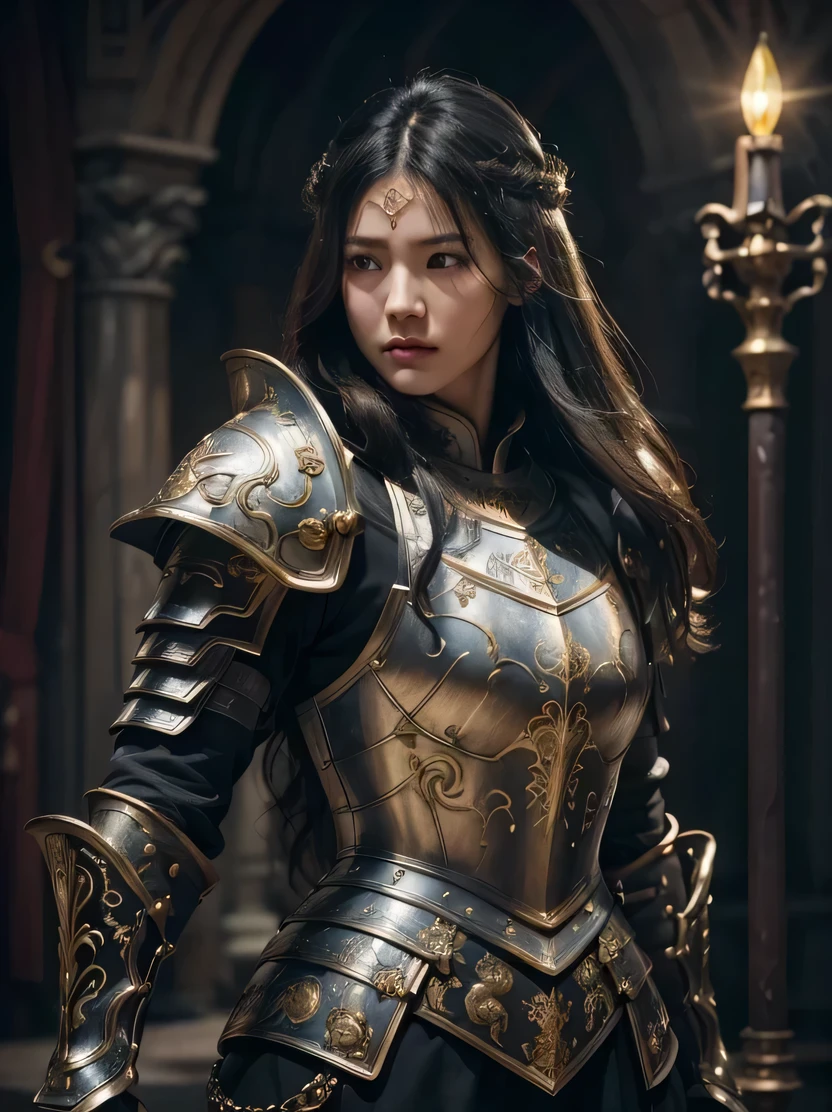 ((masterpiece、highest quality、Genuine、Very detailed、High resolution、Sharp focus、Photorealistic、Cinematic lighting))、High contrast、Baroque、((One female、Black long hair、Bust Shot))、Roman armour of the Middle Ages、worn armor、Full-face helmet、Warriors、war、storm、Thunder and rain、middle ages、Dynamic Action、Combat Stance、Detailed hand drawing、medieval armor
