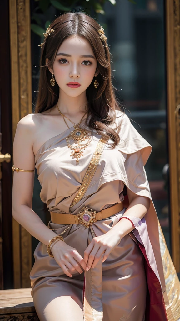 (raw photos:1.2), (realistic:1.4),(Masterpiece:1.3),(best quality:1.4),Ultra high resolution,(Detailed eyes),(Detailed facial features),(Detailed clothing features),HDR,8K resolution, Focus only,Dressing according to Thai tradition,traditional shawl ,1 woman ,Huge breasts,A gigantic rift,Big breasts push up clothes,Facing the audience,Full body, depth of field,Cinema-grade lighting,