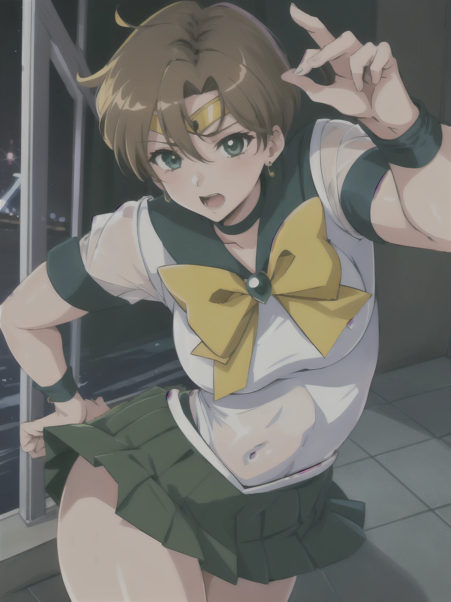 1 Girl,Tennou Haruka,( green_crew_Warrior_uniform_yellow_bow tie_green_Buck Bow_green_skirt: Costume of Sailor Uranus, skirtlift),masterpiece, high quality, 最high quality,Sexy pose, 