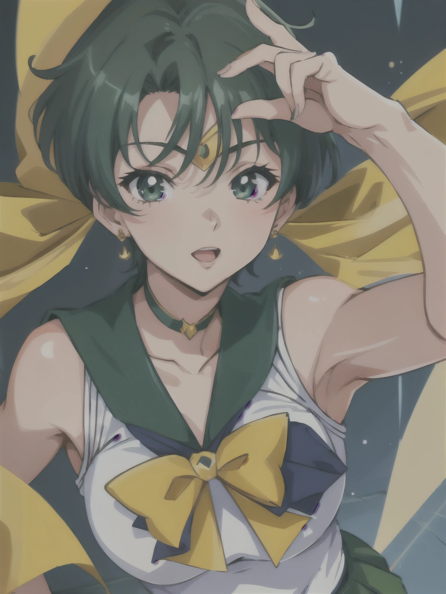 1 Girl,Tennou Haruka,( green_crew_Warrior_uniform_yellow_bow tie_green_Buck Bow_green_skirt: Costume of Sailor Uranus, skirtlift),masterpiece, high quality, 最high quality,Sexy pose, 